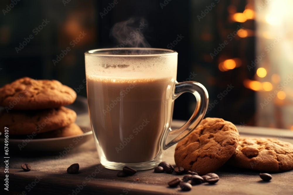 milk steam from espresso coffee mug with homemade cookies and almond,