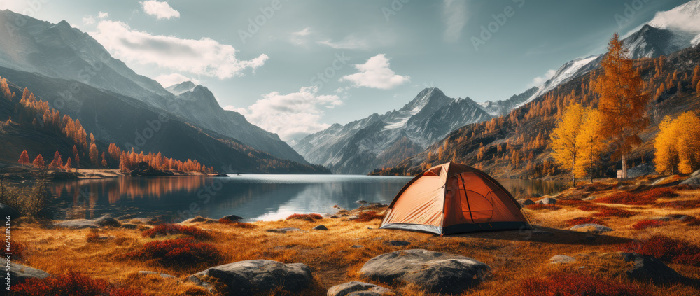 camping scene with tent on beautiful mountains and lake