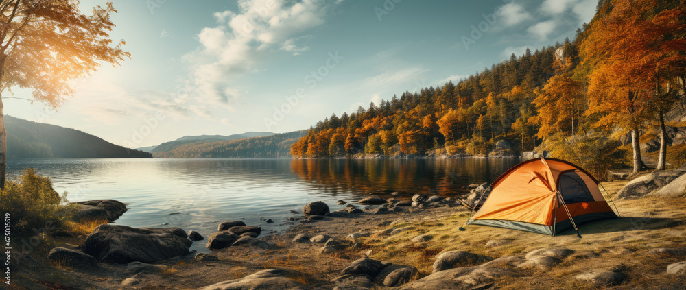 camping scene with tent on beautiful mountains and lake