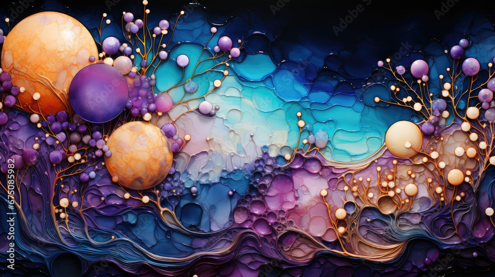 A vibrant abstract painting in shades of purple and blue, perfect for use as a background or a decorative element in graphic design projects or as a digital art print.