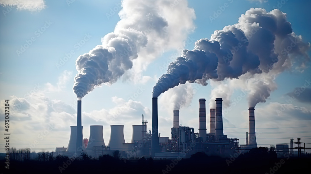 co2, Power plant with smoking chimneys on a background of blue sky.Factories release CO2 into the atmosphere.Concept of carbon trading market.Atmospheric pollution,air pollution concept