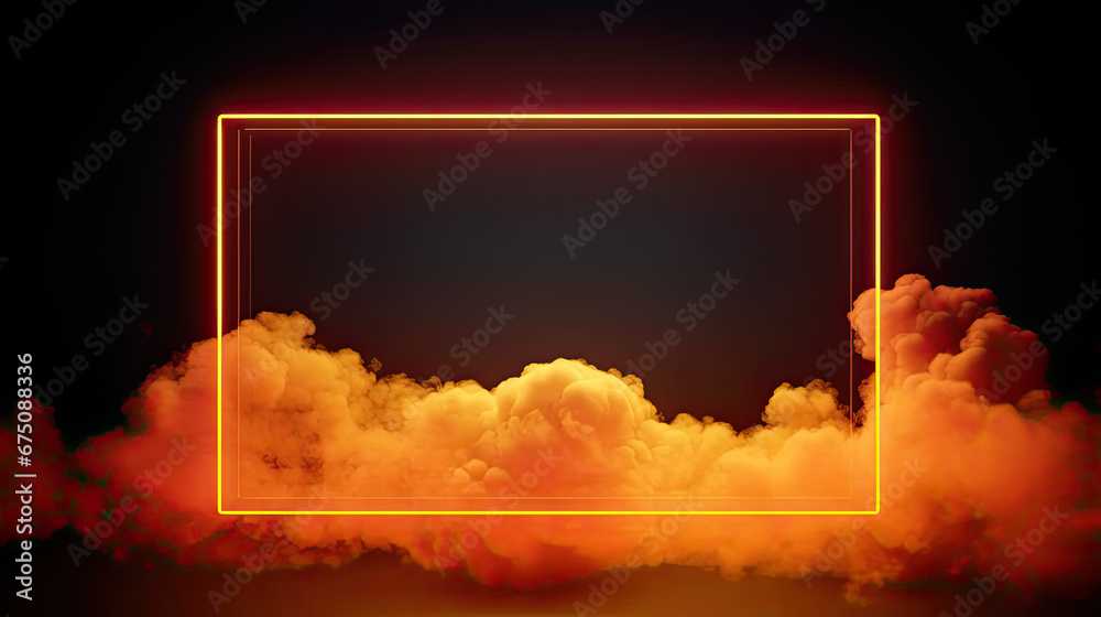 Futuristic Background Design. Cloud Formation with Orange and Yellow, Rectangle shaped Neon Frame. copy space for text