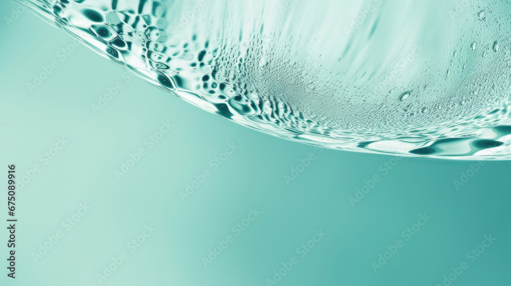 Transparent  aqua-mint liquid colored clear water surface texture with ripples, splashes and bubbles. Abstract nature background Water waves in sunlight with copy space , soft green water