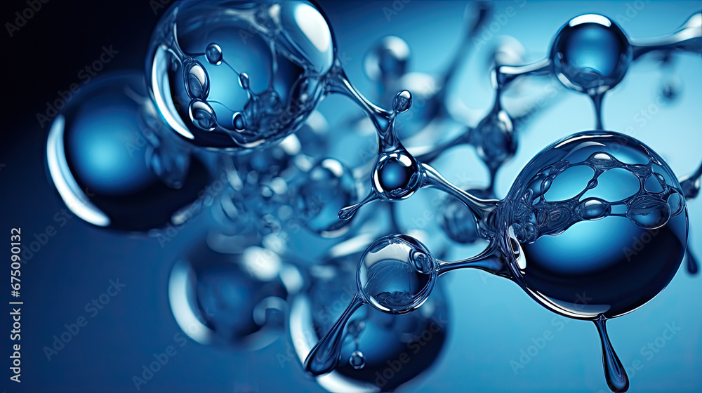 Cosmetic Essence, Liquid bubble, Molecule inside Liquid Bubble on DNA water splash background,  water molecule 3d rendering