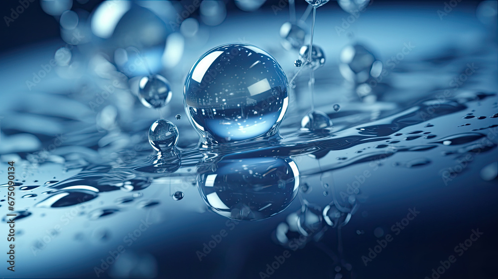 Cosmetic Essence, Liquid bubble, Molecule inside Liquid Bubble on DNA water splash background,  water molecule 3d rendering