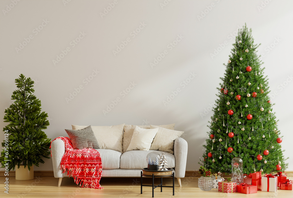 Living room christmas interior with velvet sofa on empty white background