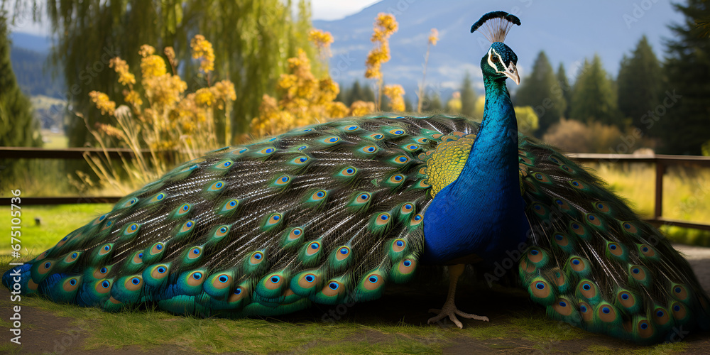 A peacock with its tail spread out in the dirt, Colorful Peafowl in Natural Setting