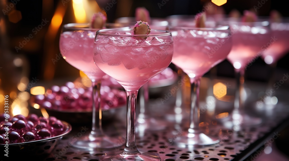 A group of stylish pink girlish cocktails in glasses with high stems at the bar counter. Generative AI