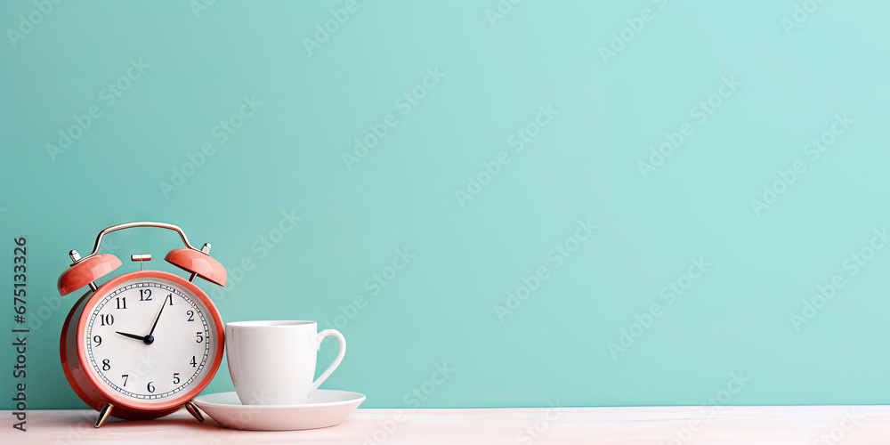 Vintage alarm clock and cup of coffee on the uniform pastel backdrop with a copy space. Generative AI