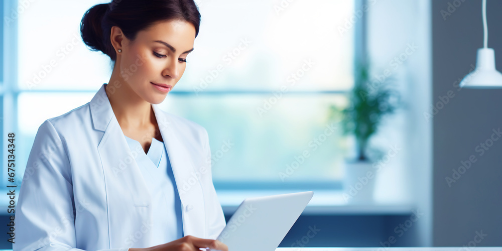 Medical hospital portrait: Confident female medical doctor using tablet . Healthcare concept. Generative AI