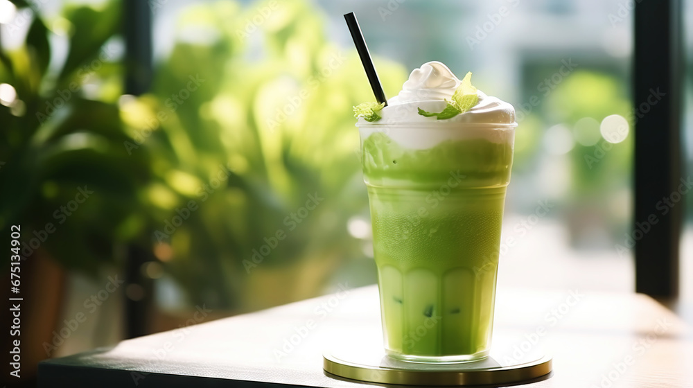 Closeup of iced matcha latte in a stylish glass on sunny background in front of the window in a cafe. Generative AI