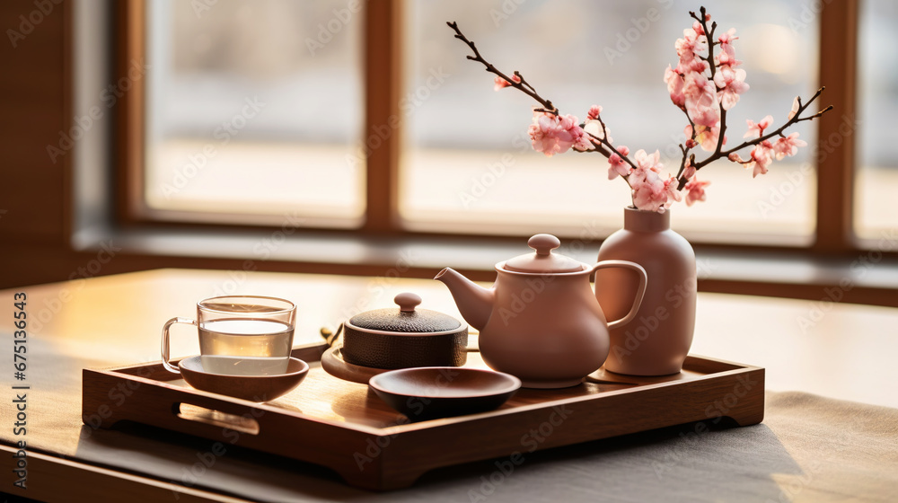 Tea ceremony, traditional teapot and ceramic cups on wooden tray on light background with sakura blossoms. Generative AI