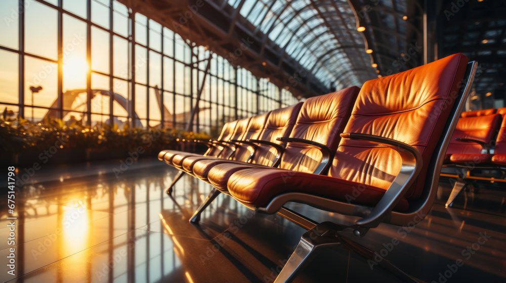 Empty chairs in the departure hall at airport with golden sunset rays. Travel, transportation concept. Generative AI