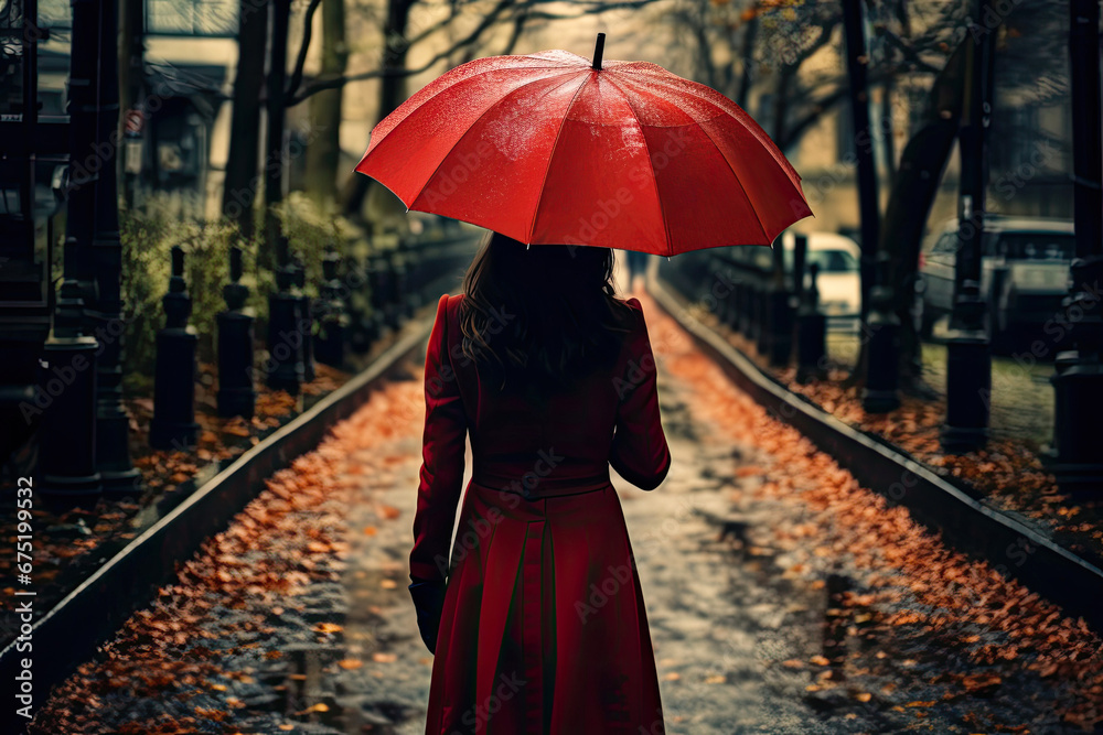 Back view of a woman in red coat with an umbrella on a blurred autumnal city street scene.