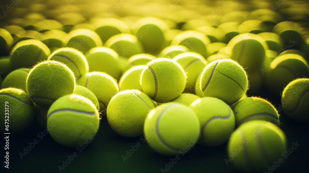 Closeup of a plenty of tennis balls on an empty tennis court, the sunshine. Sports lifestyle concept. Generative AI