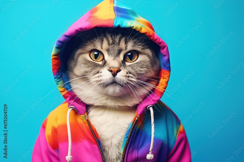 funny cat wearing colorful clothes on blue background, cat illustration, Generative Ai 