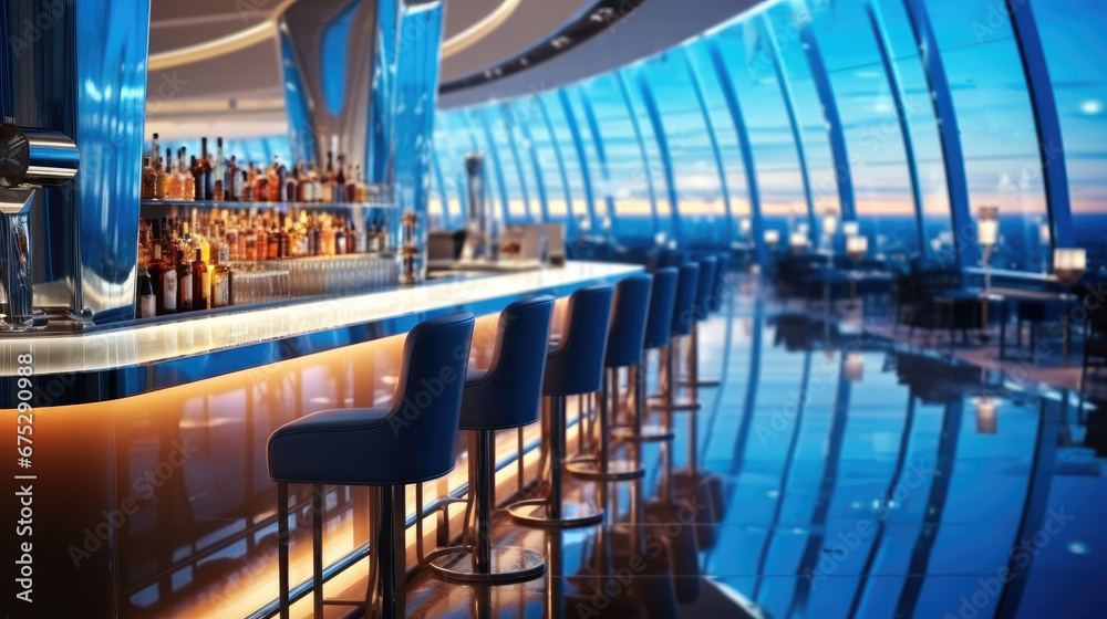 Airport lounge with large window behind bar, brightly lit, Blue and white lights, Table and chairs, Modern design,