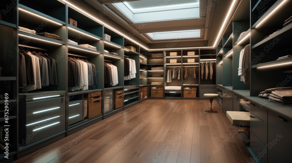 A walk-in closet with shelves, Drawers, Modern man wardrobes, Dressing room.