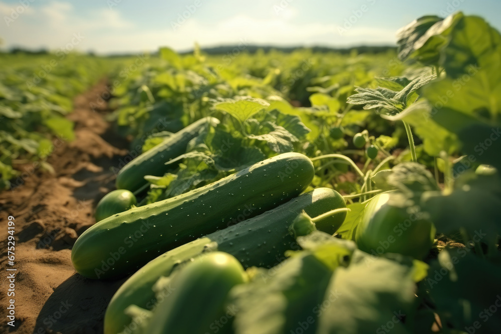 Cucumbers in fields, Organic food.