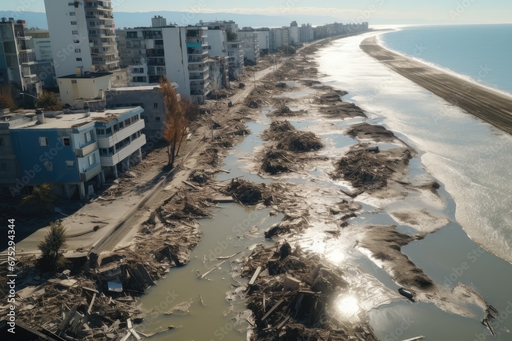 Hurricane destroys at city, Climate disasters, Drone view.