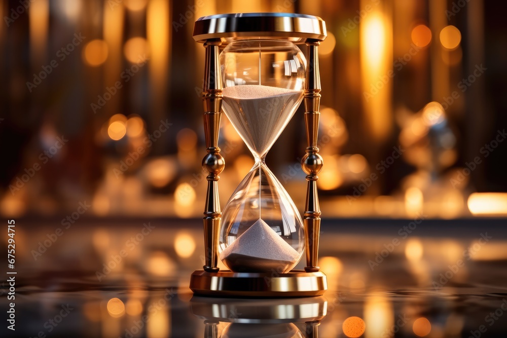 An elegant hourglass on a glossy table with a reflective surface.