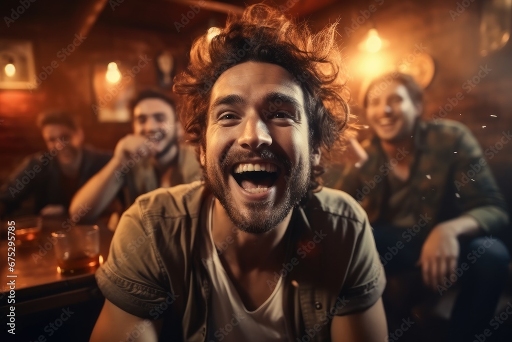 Cheerful young man having fun and drinking beer at party with friends.