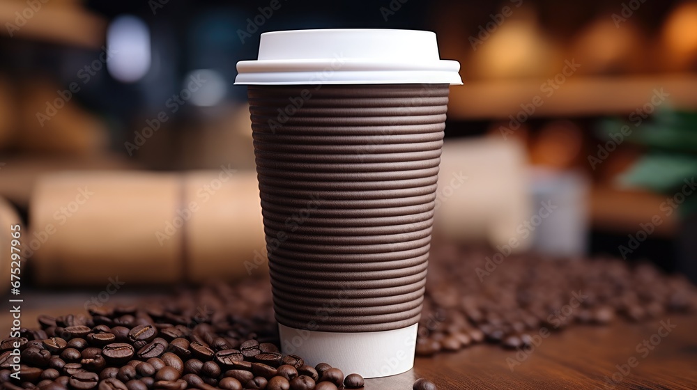 Hot coffee in paper cup on wooden table.