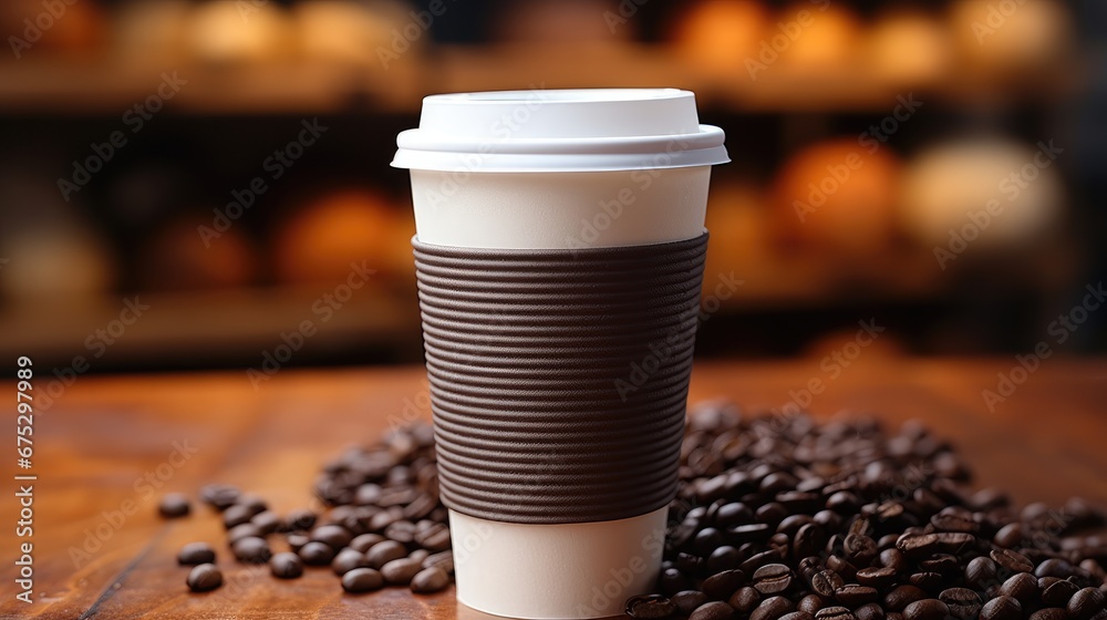 Hot coffee in paper cup on wooden table.