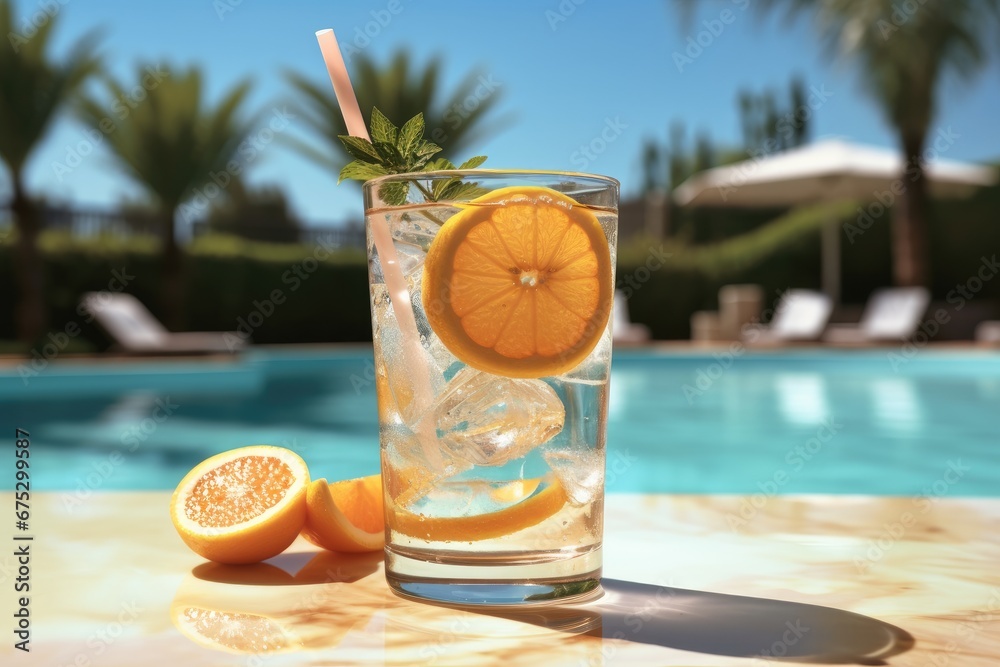 Refreshingly cool citrus drink next to the swimming pool on a sunny summer day.