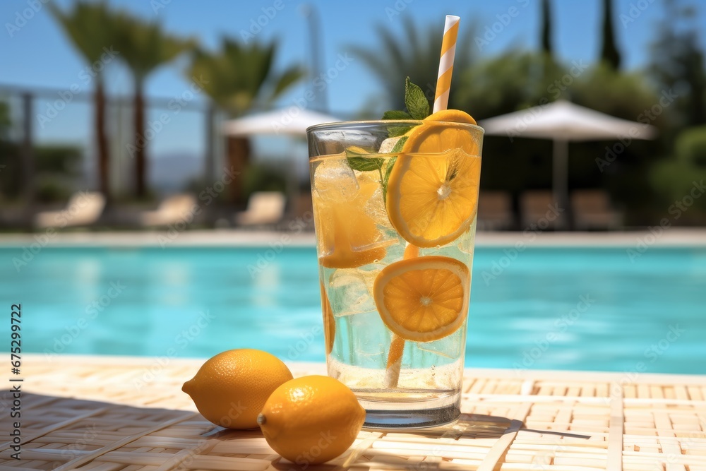 Refreshingly cool citrus drink next to the swimming pool on a sunny summer day.