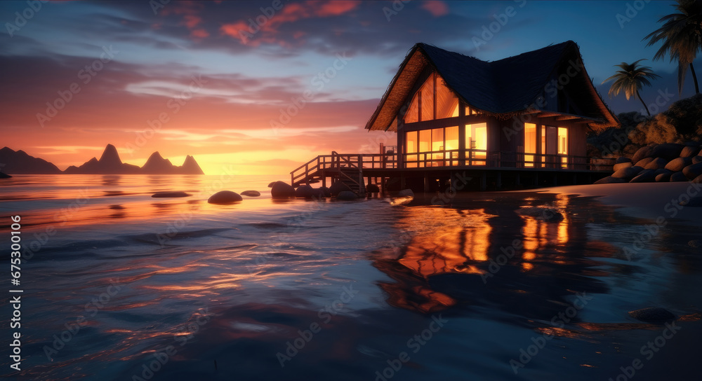 A cabin on the beach at sunrise.