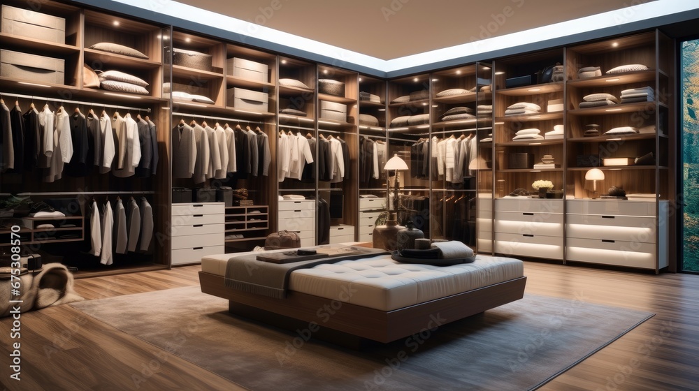 Interior design of luxury walk in closet with clothes hanging on rods, Modern custom closet.