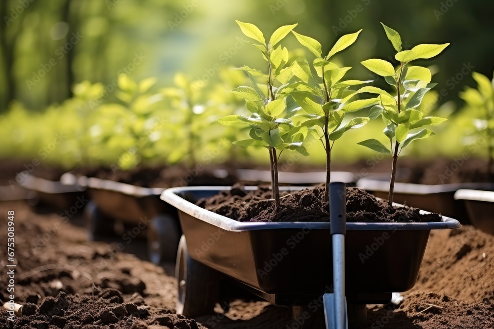 Shot of a wheelbarrow filled with a freshly planted tree saplings.