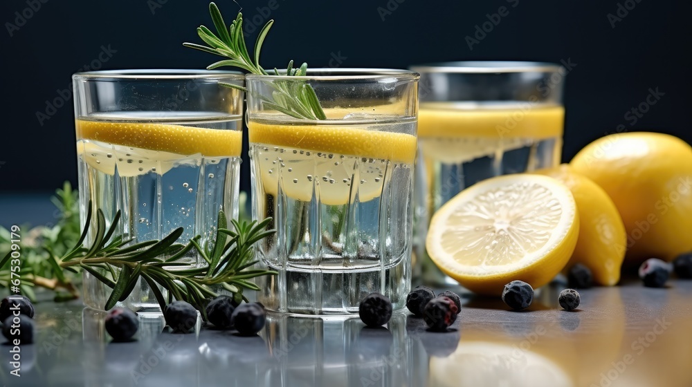 Gin with juniper berries, lemon slices, Traditional Italian alcohol drink.