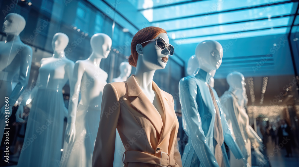 Mannequins behind the glass display window exhibit the latest fashion trends in a clothing store.