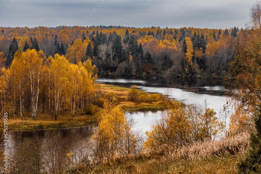 Autumn landscape. View of the rivers and autumn forest.