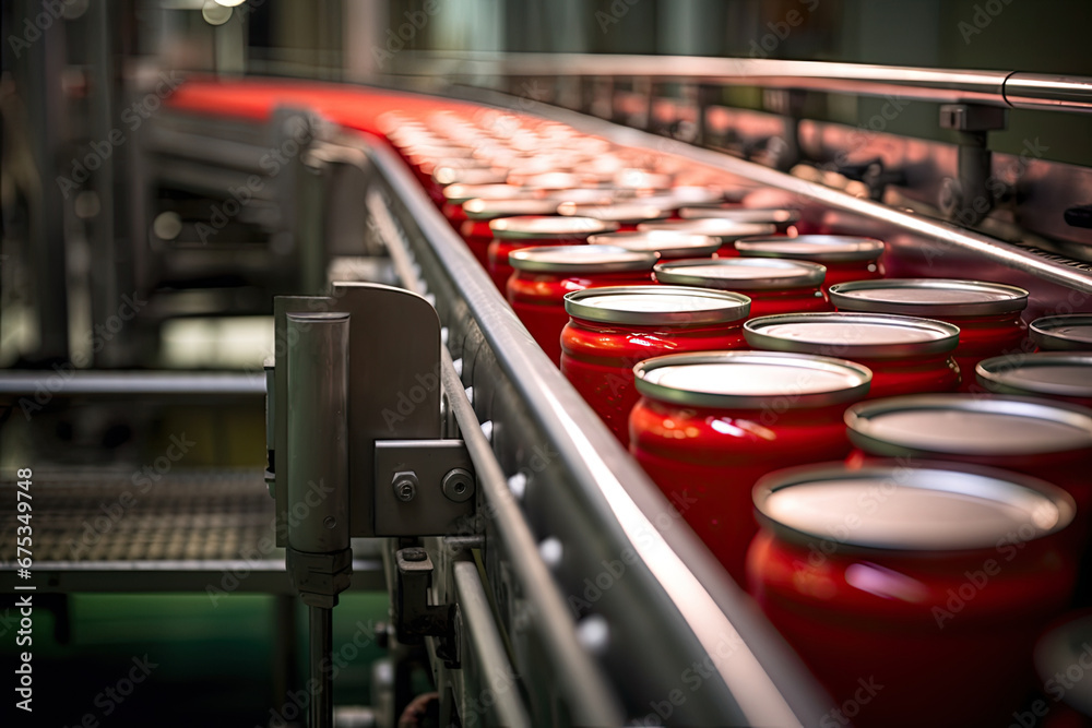 Scene of canning of tomato paste. Modern production line tech conveyor row.