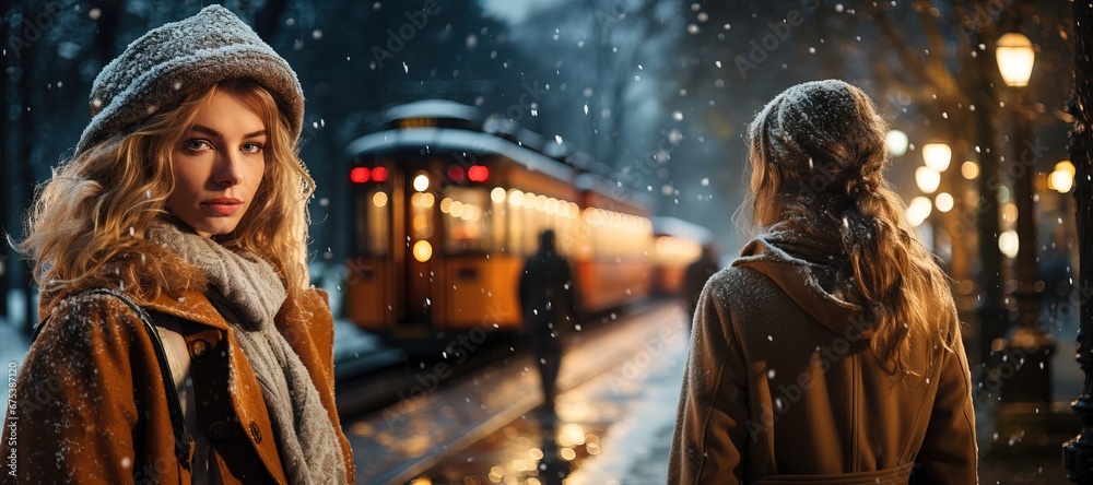 Two young attractive girls near the tram waiting