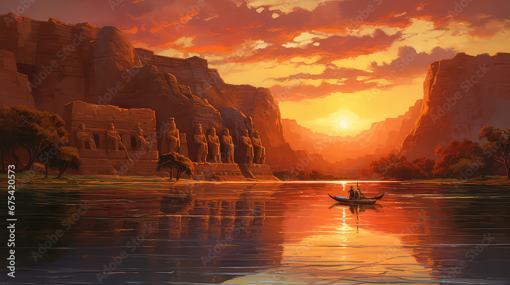 oil painting on canvas, view of Abu Simbel Temples. Artwork. Big ben. Pyramid as sunset. Egypt