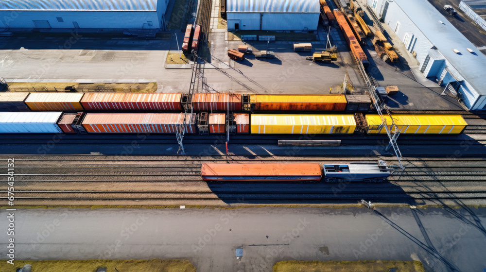 Aerial view of an industrial building and warehouse with freight cars in length.