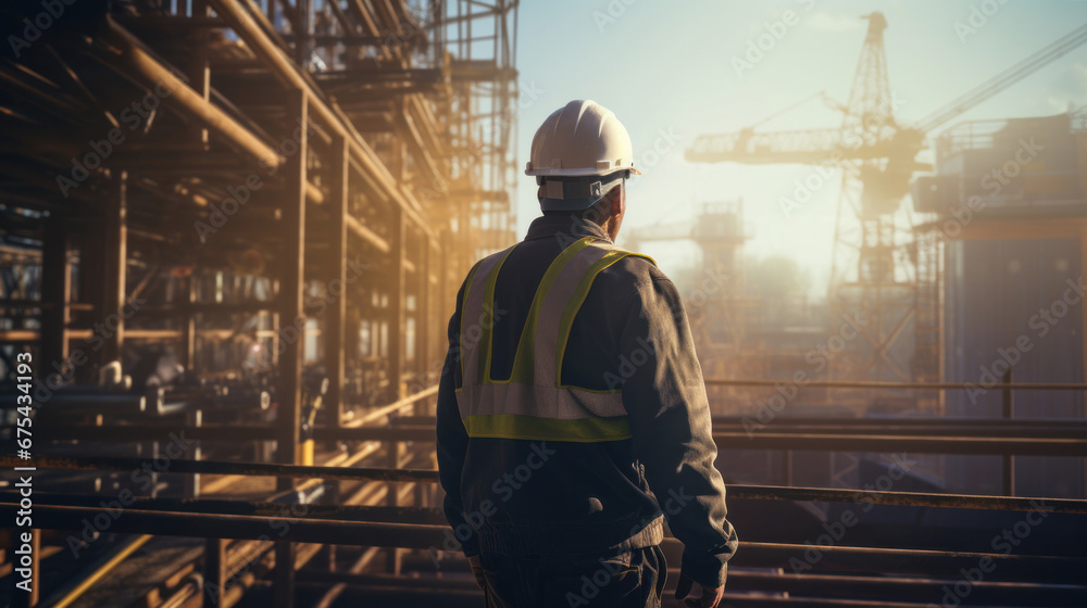 An engineer technician watching team of workers on high steel platform on construction site.