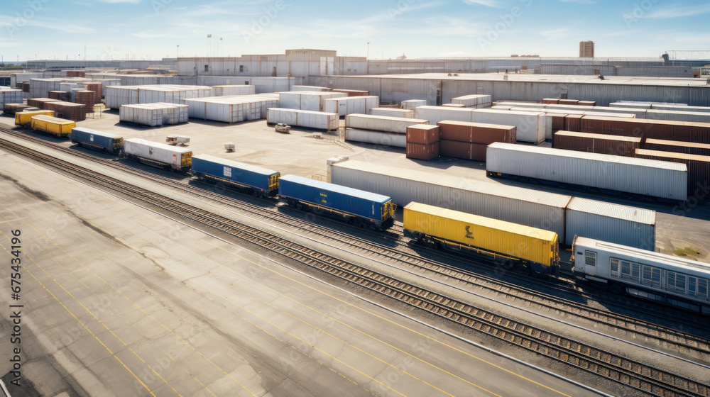 Aerial view of an industrial building and warehouse with freight cars in length.