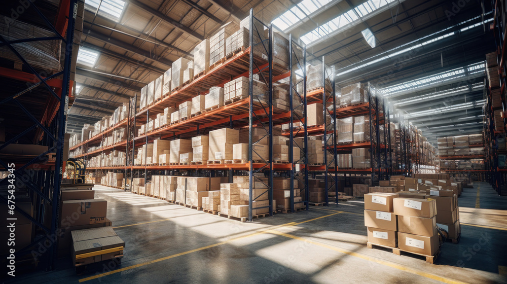 Huge distribution warehouse with high shelves, Large warehouse.