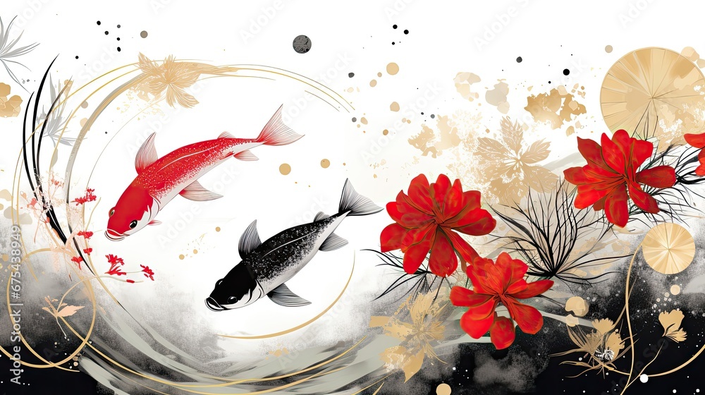 Koi fish and flower blossom background. Japanese style. Generative ai.