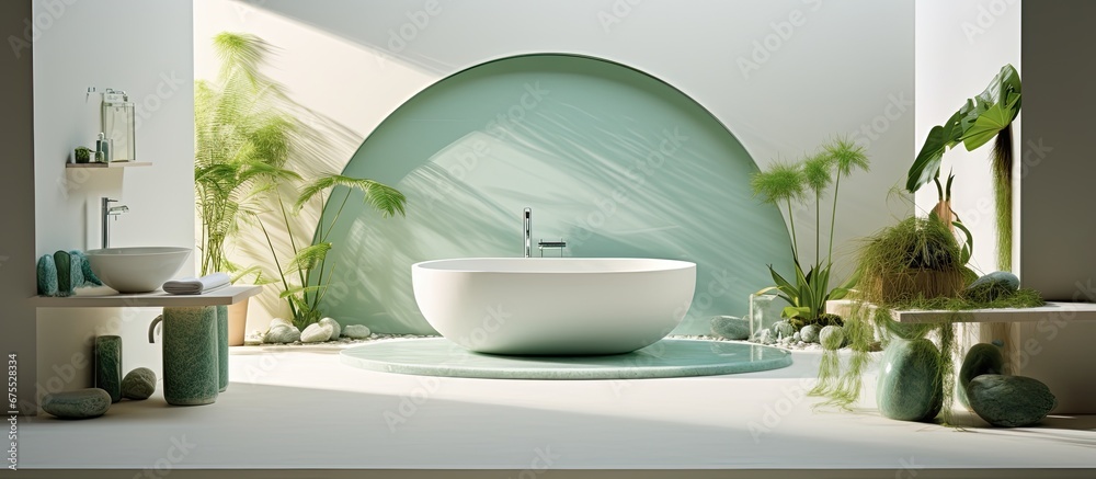 The white and green color scheme combined with a stunning water feature in the bathroom creates a refreshing and peaceful ambiance that embodies the beauty of both nature and interior desig