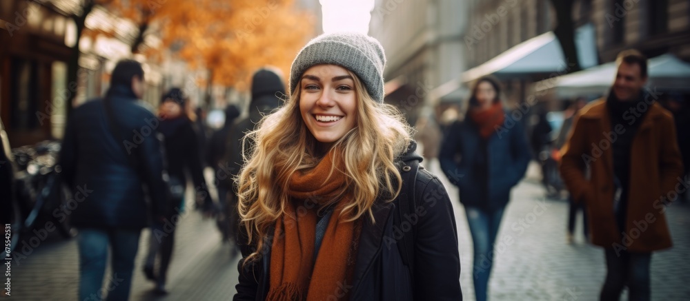 A happy woman is pictured in a black winter coat as she walks down a city street embodying the hipster lifestyle and enjoying her autumn vacation surrounded by people of different background