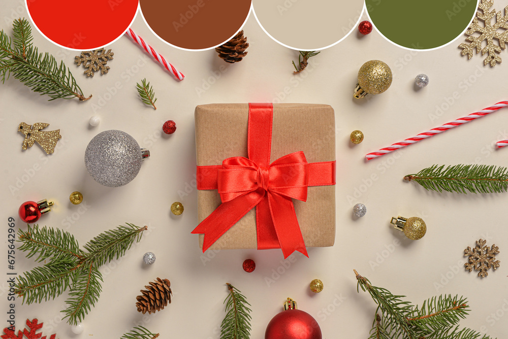 Christmas gifts and decorations on light background. Different color patterns