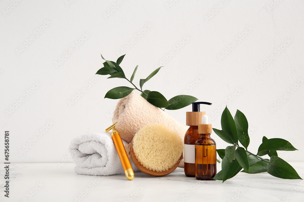 Set of spa supplies on white background