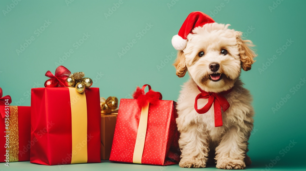 Dog with presents and gifts for Christmas