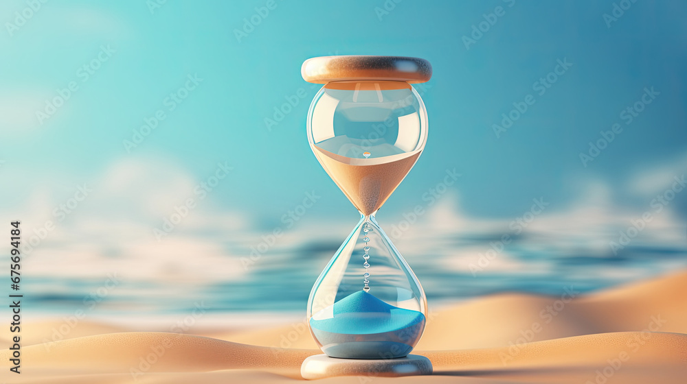 Hourglass with blue sand inside in a warm golden morning sunlight with shadow on a sandy beach and sea background, starting time for a new day or running of time. Concept of the rapid passage of time.